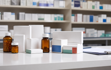 Unbranded medicine boxes and bottles on a pharmacy counter