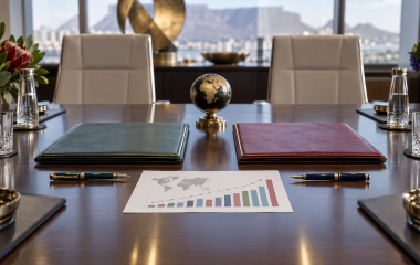 Two diplomatic folders and pens on an empty summit conference table