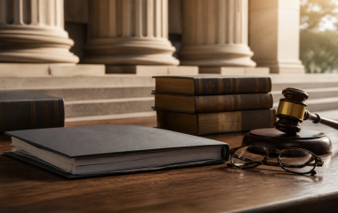 Closed case file, law books and a gavel outside a courthouse