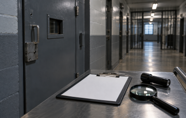 Blank inspection clipboard and magnifying glass in an empty secure corridor
