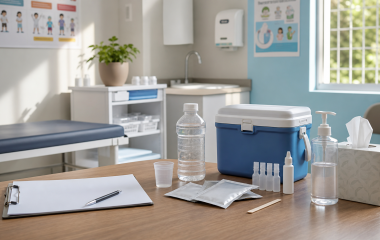 Illustration of a clean clinic room with oral rehydration supplies and a vaccine cooler