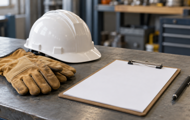 Illustrative hard hat, work gloves and blank clipboard representing formal employment
