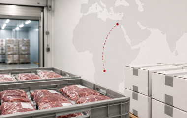Packed red meat in a refrigerated logistics facility with an abstract Africa trade route