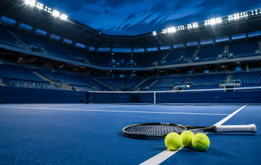 A tennis racquet and balls on an empty blue hard court under stadium lights