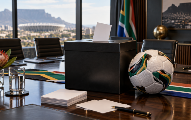 A ballot box, blank voting cards and a football on a boardroom table
