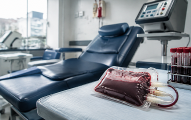 Generic blood collection bag and donor chair in a clean clinic