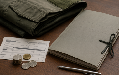 Military-style fabric, coins and an inquiry folder on a desk