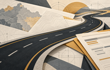 Editorial illustration of a road, traffic cones and maintenance paperwork