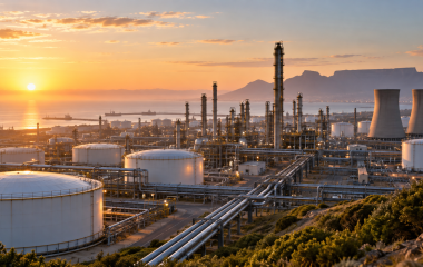 Generic coastal refinery with storage tanks and pipework at sunrise