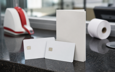 Two blank payment cards and an unmarked document at a service counter