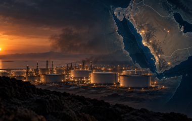 A symbolic oil facility and map of the Red Sea region at dusk