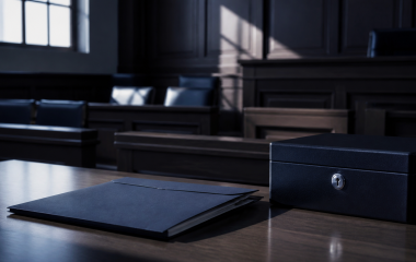 Illustration of a closed legal file and secured lockbox in an empty courtroom