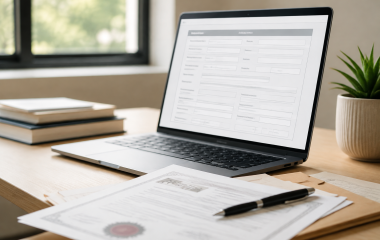 Documents and a laptop on a desk