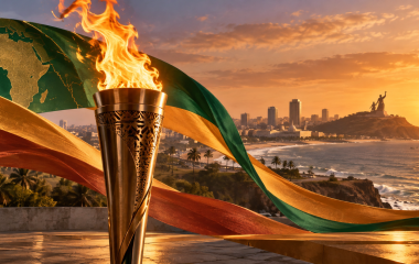 A ceremonial flame against a stylised Senegalese coastal skyline
