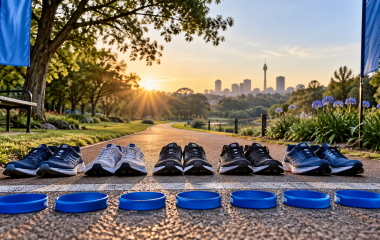 Running shoes and blue wristbands arranged on a park path at sunrise