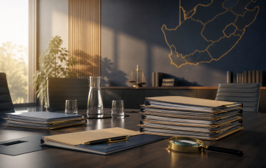 Illustration of case files and investigation materials in an empty South African office