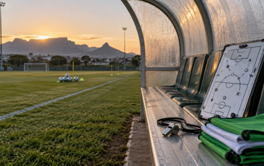 An empty football dugout with a tactics board, whistle and folded training bibs