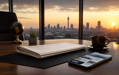 Illustration of a newsroom desk at sunrise overlooking Johannesburg