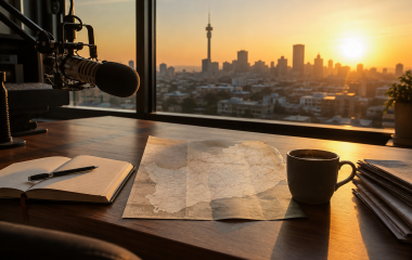 Illustrated South African morning newsroom desk