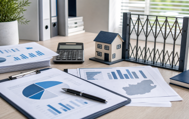 Survey charts, calculator, model house and security gate on a research desk