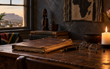 A candle, old notebook and glasses on a South African study desk