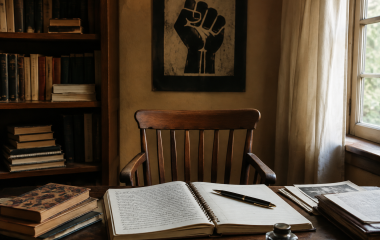 An empty 1970s study with notebooks and a symbolic raised-fist print
