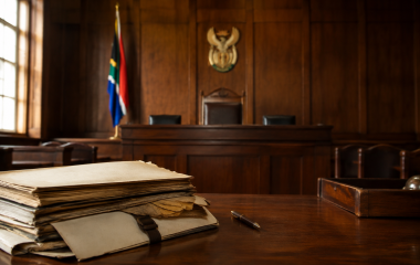 Archival files on a desk in an empty South African courtroom