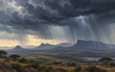 Illustrated storm clouds and rain over a generic inland landscape