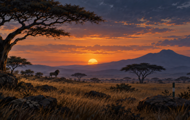 Editorial illustration of a lion in an East African savannah at dusk
