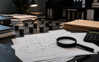 Blank transaction diagrams, folders, calculator and magnifying glass on an investigation desk