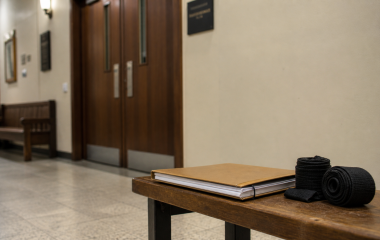 Illustration of boxing hand wraps and a closed legal file outside an empty courtroom