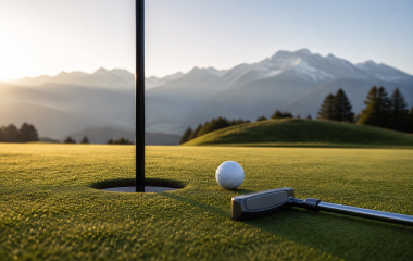 Golf ball and putter beside a hole on an alpine course