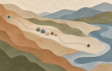 Conceptual editorial illustration of a humanitarian route across a folded map