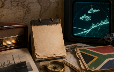 Illustration of archival papers, a radio, an ocean sonar screen and South African history materials
