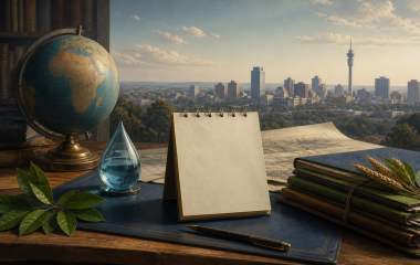 Illustrated blank history calendar and globe with a South African city in the distance; not a photograph of the 1969 earthquake
