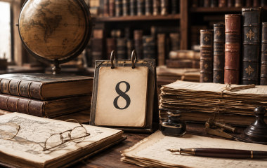 Archival books, globe and calendar on a library desk