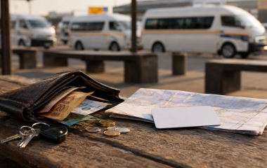 A wallet, coins and route map at a South African taxi rank