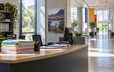 An empty university financial-aid service desk on a South African campus