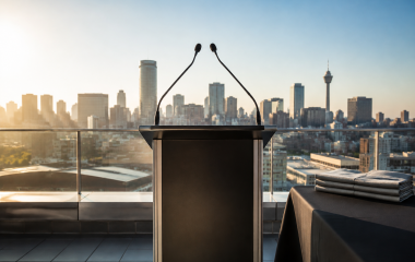 Empty lectern overlooking a symbolic Johannesburg skyline