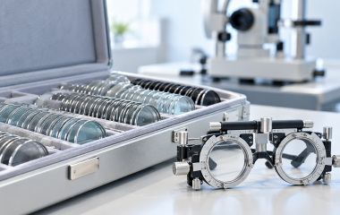 Illustrative optometry equipment and spectacles on a clinic work surface