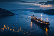 Oil tanker sailing through a narrow sea passage at blue hour with an abstract market chart