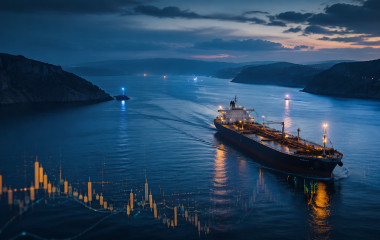 Oil tanker sailing through a narrow sea passage at blue hour with an abstract market chart