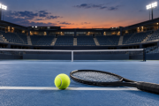 A tennis ball and unbranded racket resting on an empty hard court at dusk