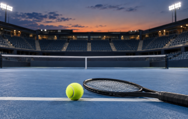 A tennis ball and unbranded racket resting on an empty hard court at dusk