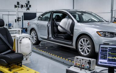 Unbranded passenger car and airbag equipment in a safety-testing laboratory