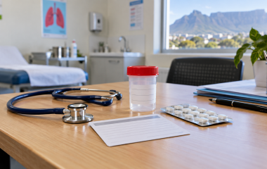 Stethoscope, specimen container and medicine on a clinic desk