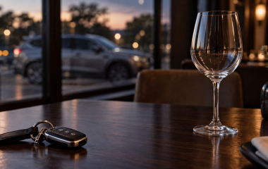 Car keys placed away from an untouched glass representing a proposed zero-alcohol driving limit