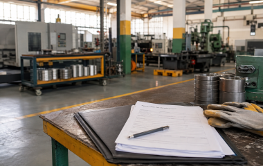 Employment form and work gloves inside an industrial workshop