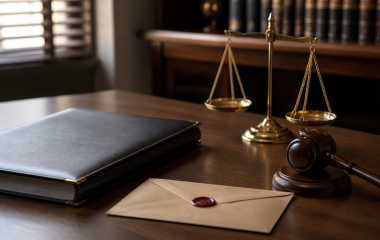 Sealed complaint envelope, closed judgment folder, balance scale and gavel
