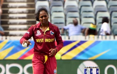 Afy Fletcher bowling for West Indies at the 2020 Women’s T20 World Cup in Perth